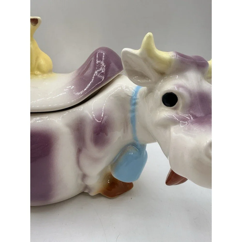 RARE McCoy W10 Cow Cookie Jar Cat On Back in PURPLE : Reissued By JD 1992